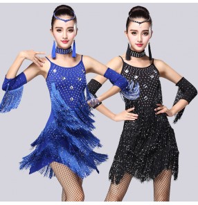 Black red fuchsia hot pink royal blue sequins diamond fringes tassels women's ladies female competition performance latin salsa cha cha dance dresses outfits